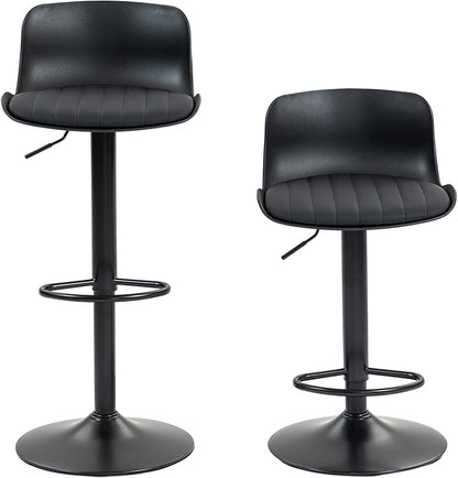 Bar Stools Set of 2 PU Leather Counter Height Bar stools with Back, Height Adjustable Swivel Kitchen Island Chairs, Armless, Large Base Black