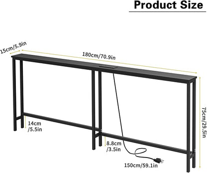 VASMIA 70.9 Inch Narrow Console Table with Outlet,Bamboo Sofa Table,Behind Couch Table,Skinny Hallway Table for Entryway Living Room,Foyer,Black