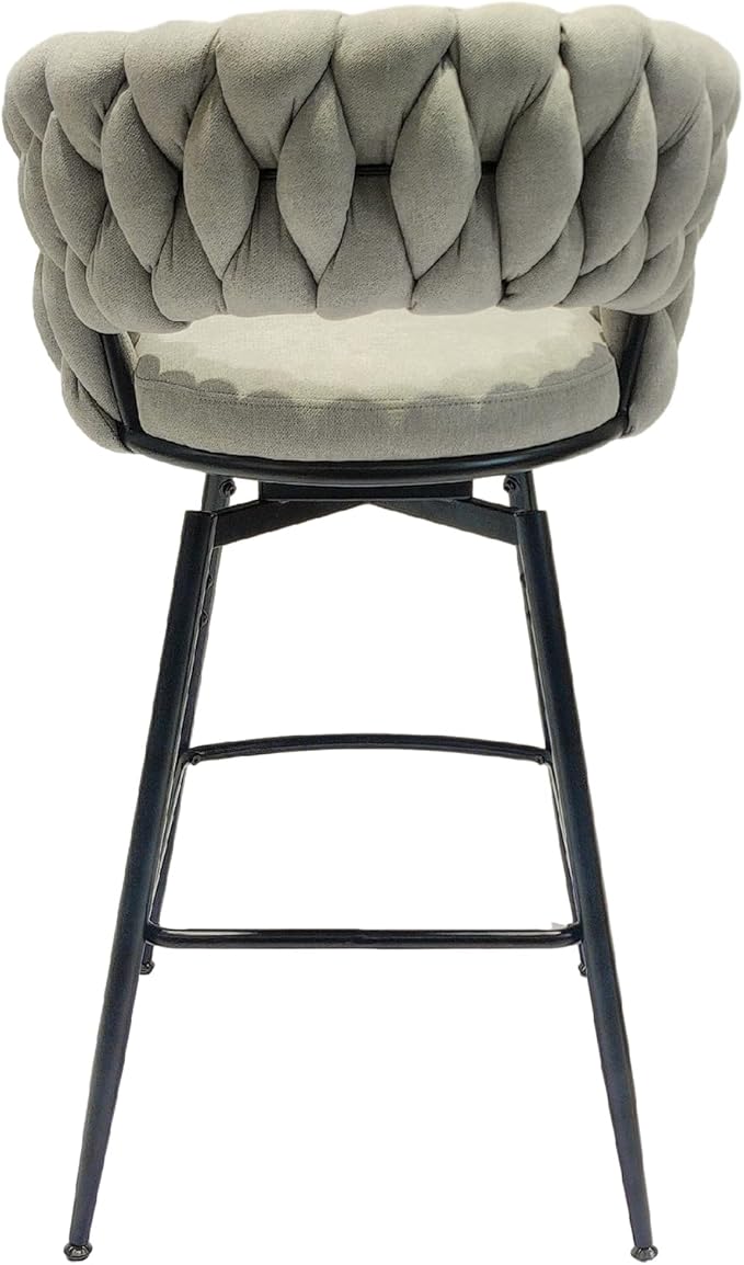 28" Bar Chair Linen Woven Bar Stool Set of 2,Black Legs Bar stools No Adjustable Kitchen Island Chairs,360 Swivel Bar Stools Upholstered Bar Chair Counter Stool Arm Chairs with Back Footrest (Grey)