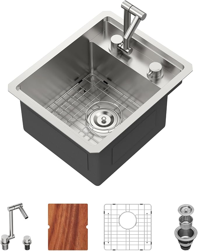 15 Inch Outdoor Kitchen Sink With Faucet and Cover - Beslend 15x18x9 Undermount Kitchen Bar Sink Workstation 16 Gauge Stainless Steel Single Bowl Small Sinks Under Counter Indoor Outdoor
