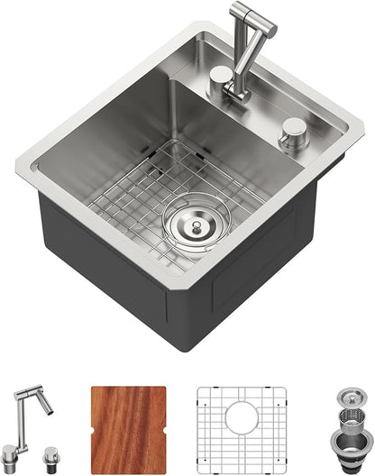 15 Inch Outdoor Kitchen Sink With Faucet and Cover - Beslend 15x18x9 Undermount Kitchen Bar Sink Workstation 16 Gauge Stainless Steel Single Bowl Small Sinks Under Counter Indoor Outdoor