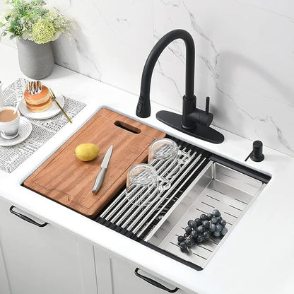 27 Inch Black Undermount Kitchen Sink Workstation-Bokaiya 27x19 Stainless Steel Undermount Sink 16 Gauge Deep Single Bowl Kitchen Sinks with Cutting Board