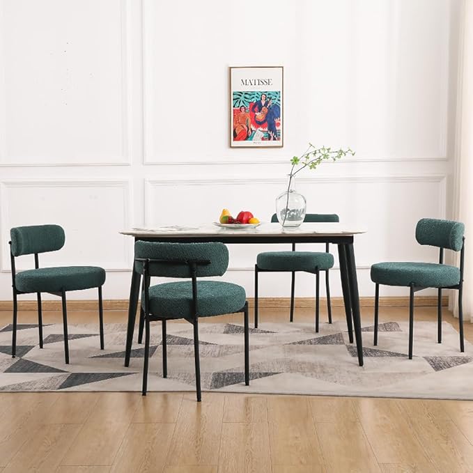 EDWELL Green Dining Chairs Set of 4, Modern Upholstered Dining Room Chairs with Thick Cushion, Curved Backrest Kitchen Chairs Boucle Chair for Dining Room, Living Room