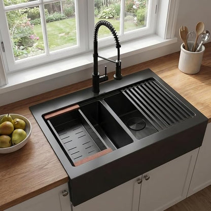 LQS Double Bowl Kitchen Sink, Undermount/Drop In Kitchen Sink, Double Bowl Stainless Steel Kitchen Sinks, 16 Gauge Stainless Steel Handmade Sinks (Black, 30" x 22" x 10")