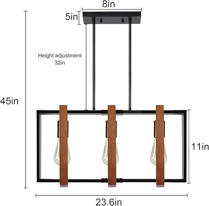 3-Light Island Lights for Kitchen, Rectangular Wood and Black Metal Kitchen Island Chandelier 23.6" Adjustable Rustic Modern Dining Room Light Fixtures Over Table, Chandeliers for Dining Room