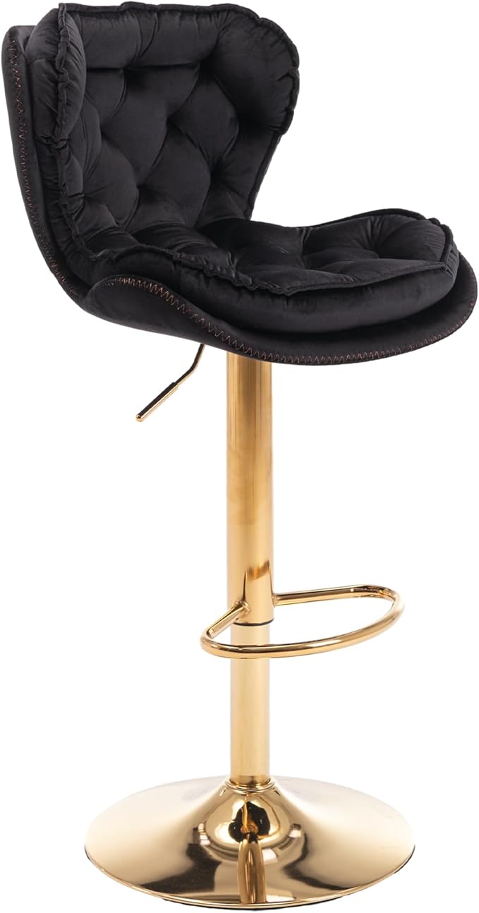 Rhomtree 24-33 Inch Swivel Bar Stools, Adjustable Counter Height Barstools, Velvet Back and Golden Footrest, Bar Chairs for Kitchen Island, Cafe, Bar, Bar Counter, Dining Room, Coffee(Black Set of 8)