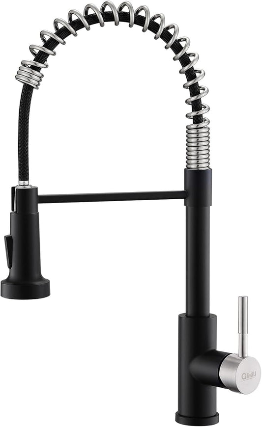 GIMILI Kitchen Faucet with Pull Down Sprayer Single Hole Stainless Steel Sink Faucet, Suitable for Farmhouses, RV, Laundry Room, Outdoor, and Campers. Llave para fregadero de cocina Black and Nickel