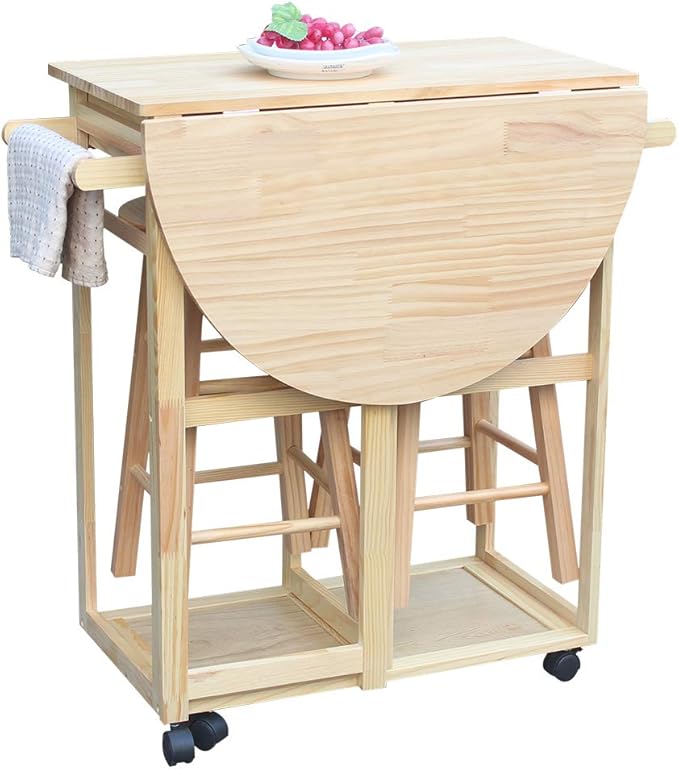 LITOU Kitchen Island on Wheels,Small Kitchen Table with Rolling Casters,Dining Table Set with Folding Drop Leaf 2 Drawers, Small Kitchen Table Set for 2 Square Stools - Natural