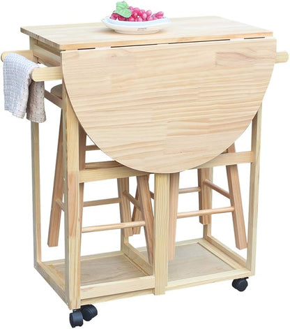 LITOU Kitchen Island on Wheels,Small Kitchen Table with Rolling Casters,Dining Table Set with Folding Drop Leaf 2 Drawers, Small Kitchen Table Set for 2 Square Stools - Natural