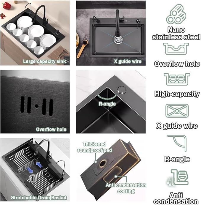 25.6 * 17.7in Drop In Kitchen Sink,Black Stainless Steel Single Bowl Sink,Topmount Workstation Sink With Pull Out Faucet,Soap Dispenser And Drain Basket