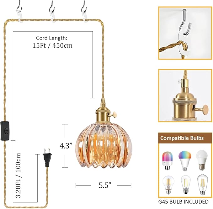 Mini Flower Hanging Lamp Plug in Pendant Light Fixtures, 15Ft Amber Glass Pendant Lights Kitchen Island Dining Room Bedroom Living Room, LED Bulb Included