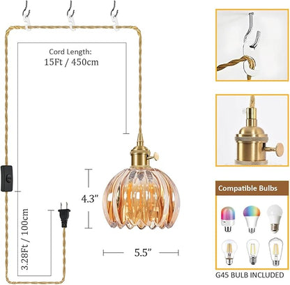 Mini Flower Hanging Lamp Plug in Pendant Light Fixtures, 15Ft Amber Glass Pendant Lights Kitchen Island Dining Room Bedroom Living Room, LED Bulb Included