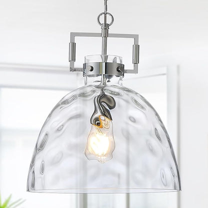 Glass Pendant Light, 13.8 Inch Single Hanging Ceiling Light with Adjustable Chain, E26 Base Oversized Hammered Clear Glass Kitchen Island Pendant Lighting in Polished Chrome for Dining Room, Entryway