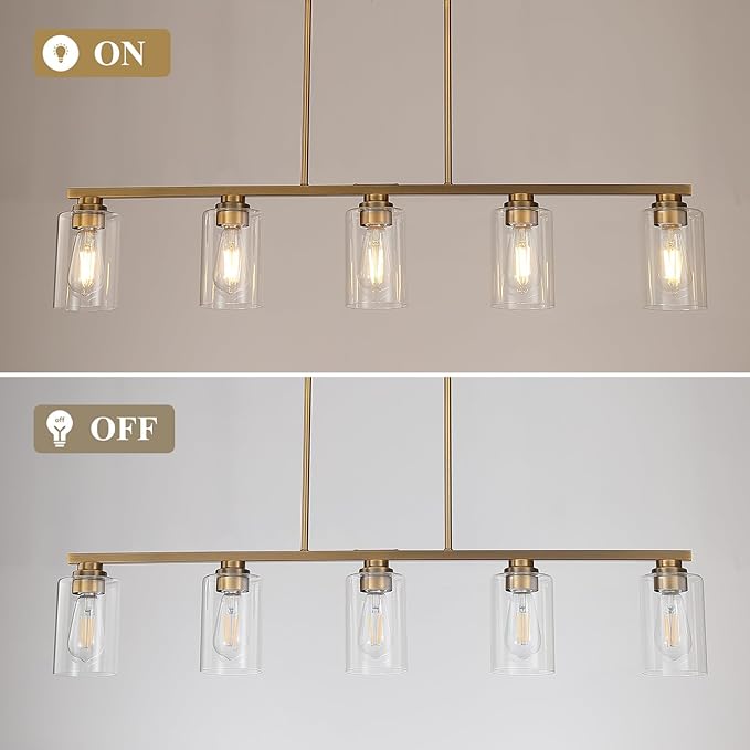 Mecgirn Island Light for Kitchen, Brushed Brass Dining Room Light Fixture Over Table, 5-Light Linear Chandelier Pendant Lighting for Dining Table Kitchen Island Living Room