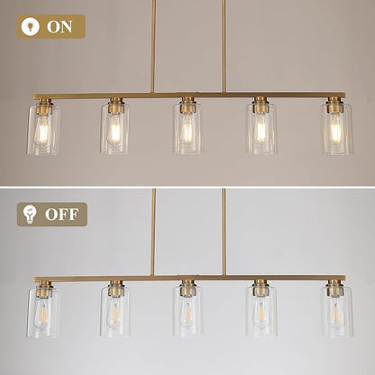 Mecgirn Island Light for Kitchen, Brushed Brass Dining Room Light Fixture Over Table, 5-Light Linear Chandelier Pendant Lighting for Dining Table Kitchen Island Living Room