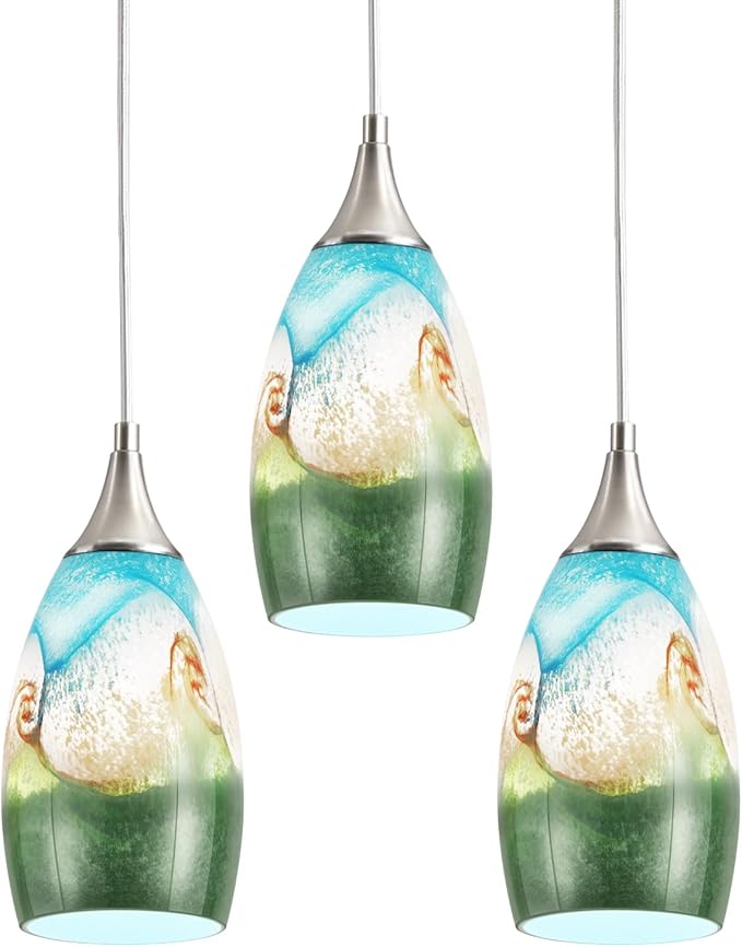GLADFRESIT Coastal Harmony Pendant Light for Kitchen Islands – Nature's Canvas with Grassland, Beach, and Wave-Inspired Shades, Pack of 3 for Dining Room, Entryway (Bulb Excluded)