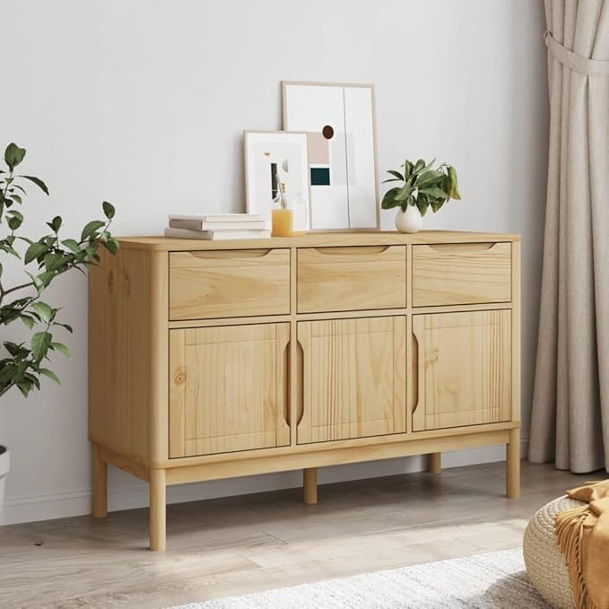 Solid Pine Sideboard Buffet Cabinet with 4 Doors 2 Drawers, 44.9 x 44.9 x 29.1 in Coffee Bar Storage for Dining Room Kitchenette Living Spaces