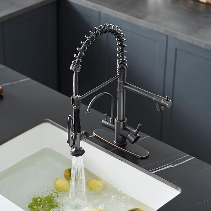 Fapully 3 in 1 Kitchen Faucet with Water Filler and Pull Down Sprayer, Oil Rubbed Bronze Commercial Kitchen Sink Faucet with Drinking Water Faucet for 1 or 3 Hole
