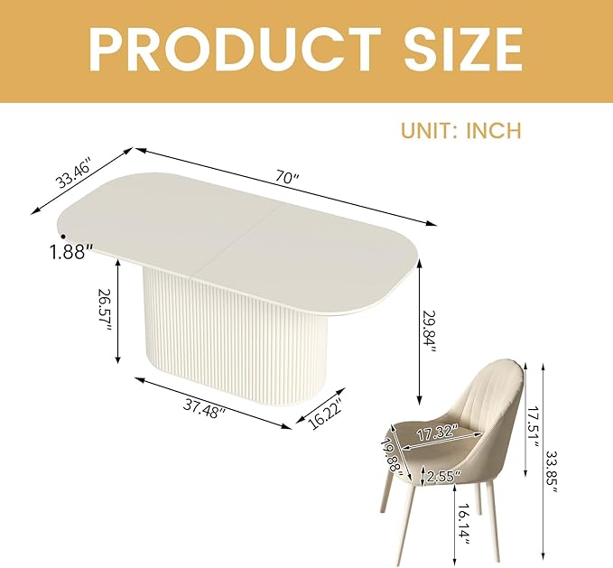Miuuod 70" White Dining & Kitchen Table Set, Solid Kitchen Table with 4 Chairs,Large Rectangular Dinner Table with Rounded Corners for Dining Room,Home Office,Living Room Furniture,Cream White