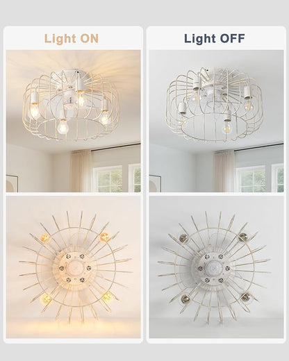 18inch White Gold Caged Ceiling Fan Light,Flush Mount Chandelier Industrial Ceiling Fan,Farmhouse Fan Lights Ceiling Fixtures for Kitchen,Bedroom,Outdoor(6 Speed,Timing with Remote)