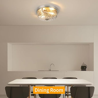 Brushed Nickel Flush Mount Light, Kitchen Ceiling Fixture with Water Ripple Glass Shade, 2-Light Outdoor Porch Flush Mounts for Hallway, Foyer, Entryway, Bathroom