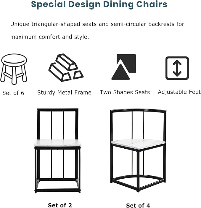 RuiSiSi 7 Piece Dining Table Set for 4, Metal Kitchen Table Set with Faux Marble Tabletop and 6 Dining Chairs for Kitchen, Dining Room, Small Space, Black+White