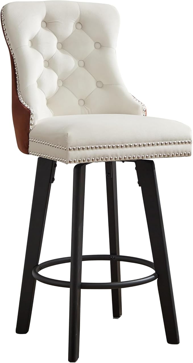 Modern Swivel Bar Stools Velvet Button Tufted Bar Stools Rivet Trim Bar Stools for Kitchen Island,Bistro, with Metal Pull Ring Sturdy Footrest Large Backrest for Home Bar