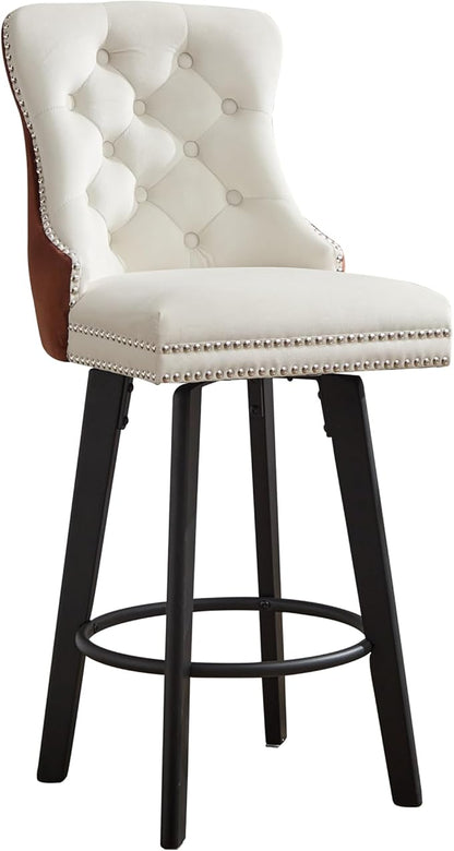 Modern Swivel Bar Stools Velvet Button Tufted Bar Stools Rivet Trim Bar Stools for Kitchen Island,Bistro, with Metal Pull Ring Sturdy Footrest Large Backrest for Home Bar