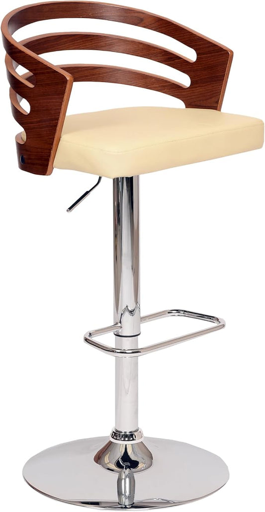 Armen Living Adele Modern Adjustable Height Swivel Cream Faux Leather and Walnut Wood Bar Stool with Chrome Base for Kitchen Island Counter