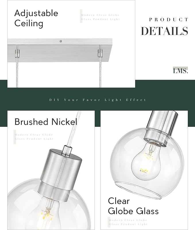 LMS Brushed Nickel Dining Room Light Fixture, 3-Light Clear Globe Glass Island Lights, Farmhouse Linear Chandeliers for Kitchen Island Pendant Light Fixtures, LMS-122SPL-BN3