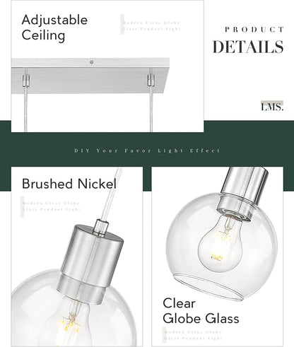 LMS Brushed Nickel Dining Room Light Fixture, 3-Light Clear Globe Glass Island Lights, Farmhouse Linear Chandeliers for Kitchen Island Pendant Light Fixtures, LMS-122SPL-BN3