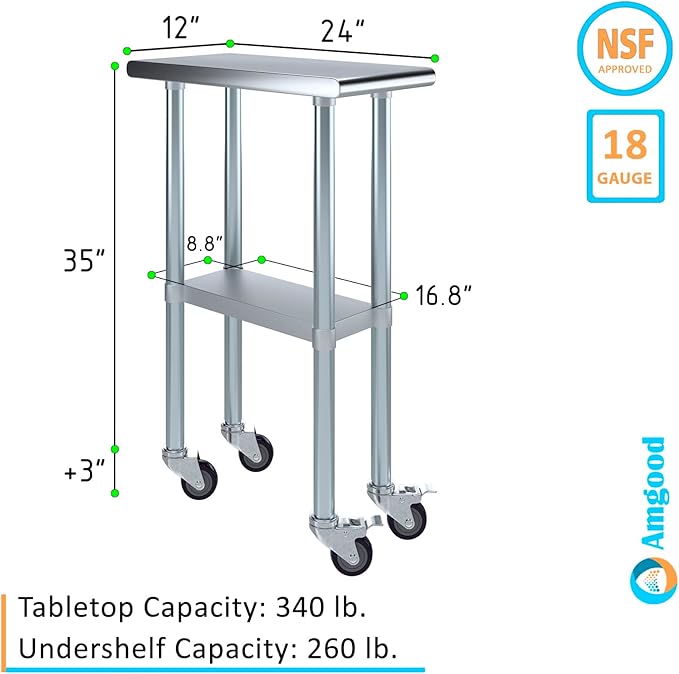 Stainless Steel Work Table with Wheels | NSF Kitchen Island Food Prep | Laundry Garage Utility Bench (Table + Wheels, 12" Long x 24" Deep)