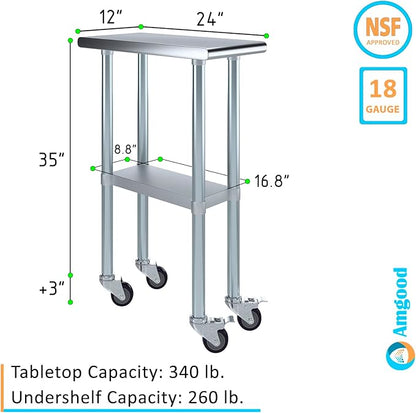Stainless Steel Work Table with Wheels | NSF Kitchen Island Food Prep | Laundry Garage Utility Bench (Table + Wheels, 12" Long x 24" Deep)