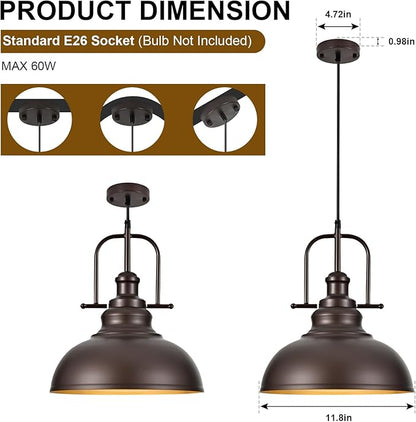 TAKEGO 11.8” Farmhouse Pendant Lights Kitchen Island, Oil Rubbed Bronze Rustic Pendant Light Fixture, Vintage Dome Pendant Light, Industrial Hanging Ceiling Lamp for Dining Room, Hallway