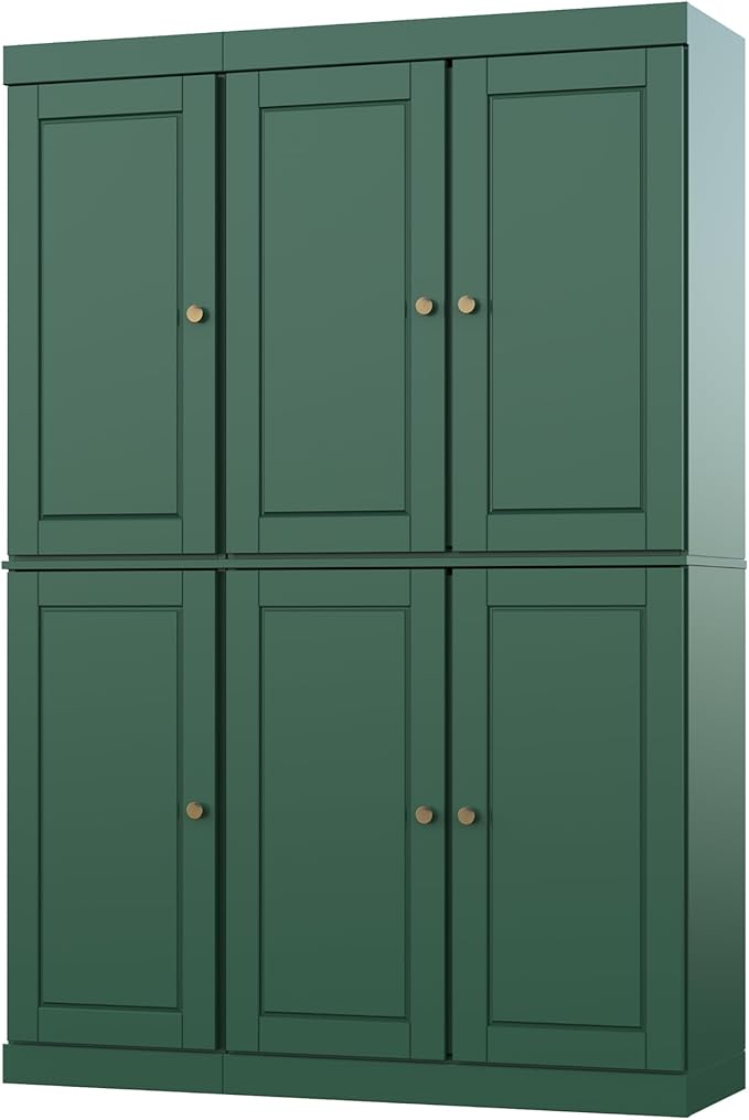 Palace Imports Solid Wood Kitchen Pantry Cabinet 71.5" Tall, 48.5" Wide – Freestanding Storage Cupboard with Adjustable Shelves – Green, Renewable Eco-Friendly 100% Wood, Made in Brazil
