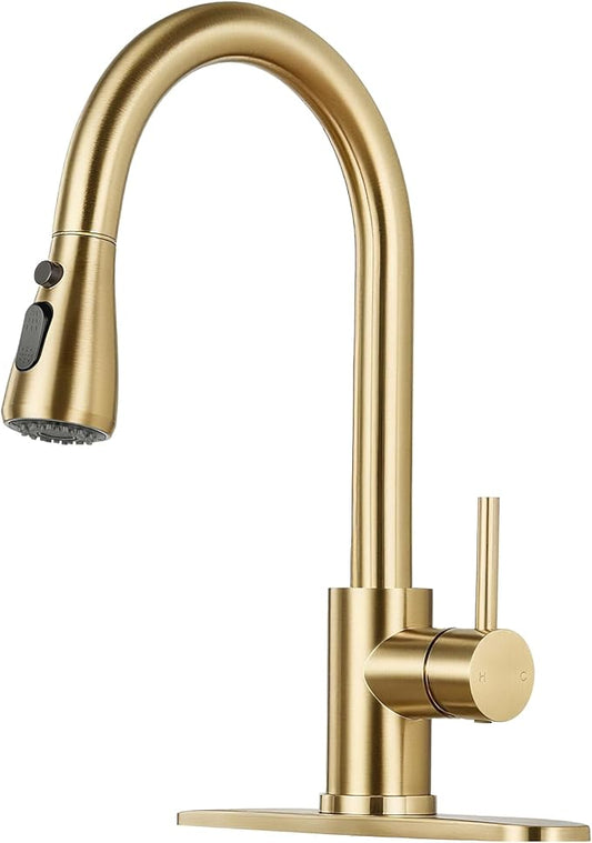 Kitchen Faucet with Pull Down Sprayer - Brushed Gold Single Handle Kitchen Faucets, High Arc Stainless Steel Pull Out Kitchen Sink Faucet with Deck for RV Laundry Farmhouse Bar