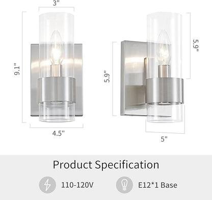 WUZUPS Set of 2 1-Light Bathroom Wall Light Fixture Over Mirror Flat Class Shade Morden Vanity Scones for Bathroom Bedroom Living Room, E12 Base, Brushed Nickel