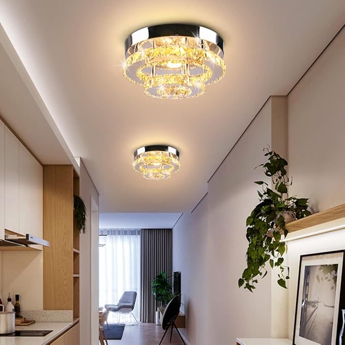 2-Tier Crystal Flush Mount Mini Chandelier Ceiling Light, 30W LED Modern Round Ceiling Fixture for Hallway Entryway Staircase Kitchen, Warm White (2500–3500K)