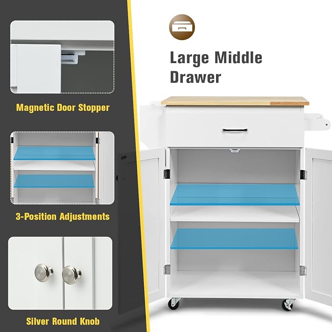 Harmony-Furniture Small Kitchen Island Cart, Narrow Butcher Block Kitchen Utility Cart w/Spice & Towel Rack, Rolling Kitchen Island with Storage Cabinets & Drawer for Dining Room (White)