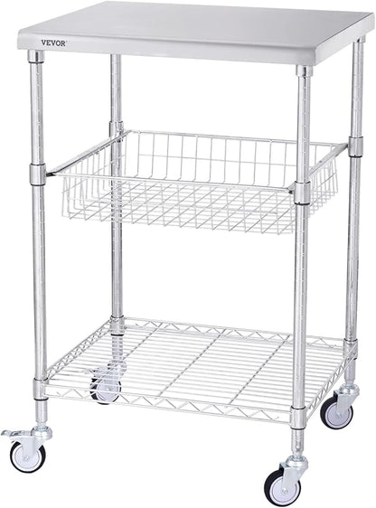 VEVOR Kitchen Utility Cart, 36.6"x20"x24" 3 Tiers Wire Rolling Cart, 470LBS Capacity Steel Service Cart with Brake Wheels, Storage Trolley with 76mm Basket PP Liner 6 Hooks, for Indoor & Outdoor Use