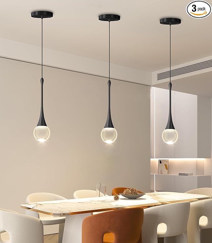 Modern Kitchen Island Pendant Lights Dimmable LED Crystal Chandelier Hanging Pendant Chandelier Black 3 Pack