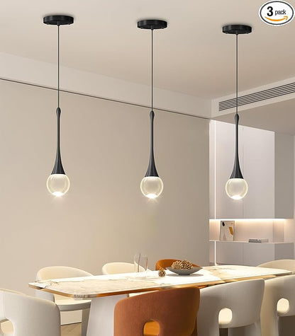 Modern Kitchen Island Pendant Lights Dimmable LED Crystal Chandelier Hanging Pendant Chandelier Black 3 Pack