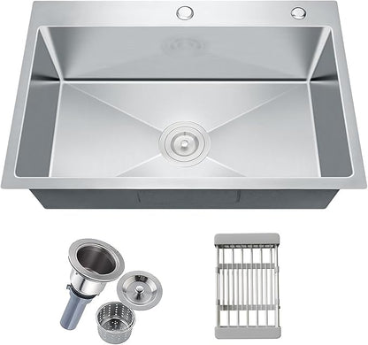 30-inch Single Bowl Workstation Kitchen Sink, Drop-in/Top-Mount Stainless Steel with Nano Coating & Basket Strainer, 30"x18"