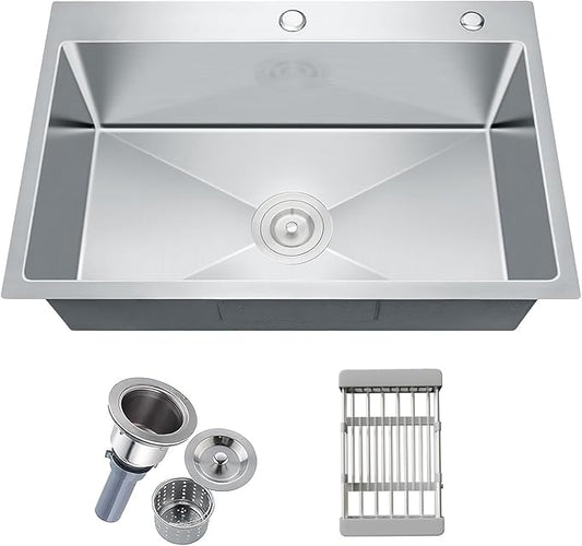 30-inch Single Bowl Workstation Kitchen Sink, Drop-in/Top-Mount Stainless Steel with Nano Coating & Basket Strainer, 30"x18"