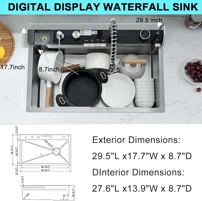 30 Inch Waterfall Smart Kitchen Sink -Wesliv 30x18 Waterfall Kitchen Sink Stainless Steel Digital Display Pull-Out Faucet 18 Guage Single Bowl Sinks with Cup Washer & Soap Dispenser