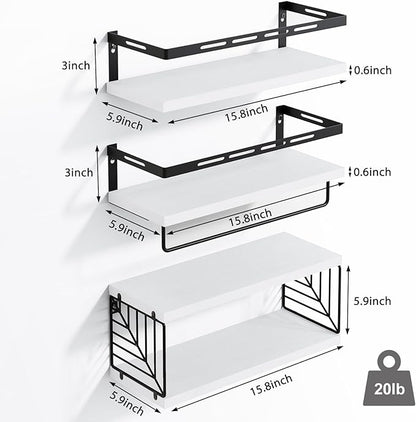 Fixwal Wall Mounted Bathroom Shelves Over Toilet, Rustic Wood Floating Shelves with Metal Frame and Towel Bar for Bathroom, Kitchen, Bedroom, Living Room (White)