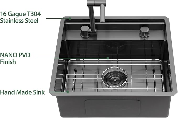 18x18 Inch Outdoor Sink Black Undermount RV Sink Workstation NANO PVD 16 Gauge Stainless Steel Single Bowl Handmade Outdoor Kitchen Sinks With Folding Faucet 18"x18"x9"
