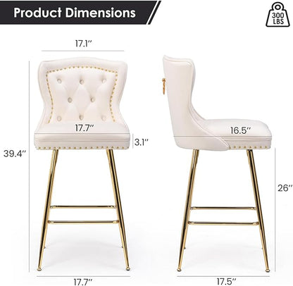 Stools Set of 2, Velvet Counter Height with Metal Legs, Button Tufted and Nailheads Trim, Wing-Back Chairs for Kitchen Island Dining Room Pub, Beige
