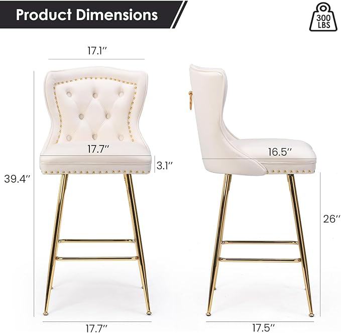 Stools Set of 2, Velvet Counter Height Stools with Metal Legs, Button Tufted and Nailheads Trim, Wing-Back Chairs for Kitchen Island Dining Room Pub, Beige