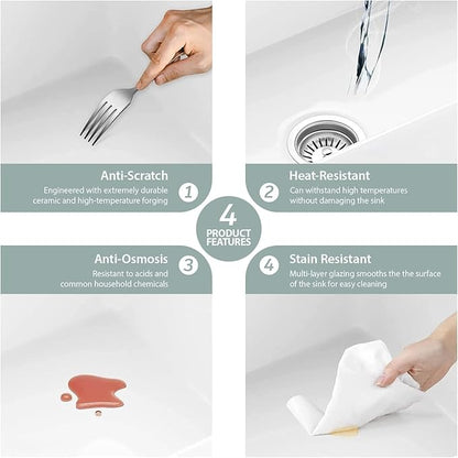 Kichae 33 White Farmhouse Sink Workstation - 33 x 20 Flat Apron Front Farmhouse Kitchen Sink Farm Farmer Porcelain Fireclay Ceramic Ledge Workstation Single Bowl Basin